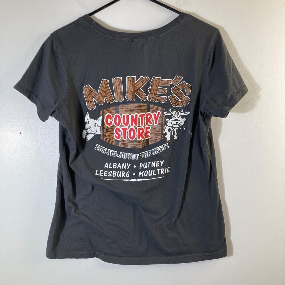 Womens Mikes‎ Country Store Tee Shirt Gray L Cotton Its all about the Meat